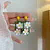 Aretes de Flor Cuadrada Verde Fresco Diseño de Nicho Pendientes Ins Estilo Simple Lindo Dulce de Chica Japonesa