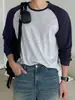 Camiseta europea y americana para hombre de diseño transfronterizo, nuevo diseño con bloques de color e impresión digital 3D, camiseta de manga larga con cuello redondo, moderna y versátil para hombre