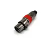 Conector XLR Fêmea de Três Pinos, Tampa Metálica Cromada Preta, Anel Vermelho, Cauda de Borracha Preta, Conector XLR3P Fêmea