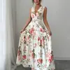 Novo Vestido Longo Feminino de Verão Estilo Francês Elegante e Romântico com Estampa Floral, Decote V, Sem Mangas, Adequado para Namoro