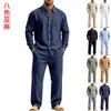 Conjunto de camisa de manga larga y pantalones casuales de lino para hombre, estilo americano, para otoño, corte holgado, simple, para casa, para ir al trabajo, para vacaciones