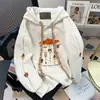 Sudadera con Capucha Bordada de Diseño con Forro Polar Gruesa para Mujer Otoño e Invierno Estilo Coreano Blanco Gris Estilo Extranjero Top Único