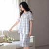 Pijama de algodón para mujer, de verano, de manga corta, holgado, de talla grande, a cuadros, de verano, fino, sencillo, traje informal