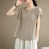 Camiseta de algodão e linho plus size de verão vintage cor sólida gola redonda manga curta 2026 nova slim-fit solta casual