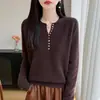 Nuevo Suéter de Lana 100% Pura para Mujer Otoño/Invierno 2026 con Cuello Semiabierto y Múltiples Botones, Suéter de Punto de Manga Larga