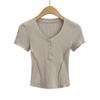 Camiseta elegante y ajustada con cintura de espiga de pescado europea para mujer, nueva moda de primavera y otoño, estilo occidental, cuello redondo, camisa base.