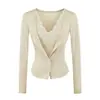 Camiseta de manga larga con retazos de encaje, estilo dos piezas falso, cuello en V para mujer, cárdigan casual de primavera, estilo puro y seductor, corte ajustado, ceñida a la cintura, top corto