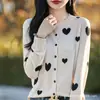 Suéter Cárdigan Tejido con Patrón de Corazones Estilo Francés para Mujer, Colección Primavera 2026, Prenda Superior de Punto de Lana Versátil y Elegante para el Trabajo