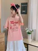 Camiseta de Manga Corta con Estampado de Letras de Dibujos Animados para Mujer Verano 2025 Holgada de Media Manga Algodón Casual Versátil Camiseta Base Superior