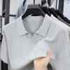 Tejido de Punto de Manga Corta de Verano Nuevo de Gama Alta para Hombre, Camisa Polo Estilo Old Money, Camiseta de Lino Tencel con Cuello para Negocios, Ropa para Hombre