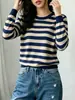 Suéter de Punto Rayado Popular para Mujer Transfronterizo, Cuello Redondo Simple, Camiseta Base de Punto Versátil de Manga Larga para Principios de Otoño, Rejuvenecedor y Adelgazante