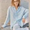 Camisa Listrada de Linho Puro para Mulheres, Cardigã de Outono com Alta Contagem de Fios e Proteção Solar, Camisa de Linho Solta Unissex Estilo Old Money Relaxado