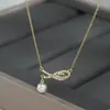 Corrente elegante para clavícula banhada a ouro real com zircônia microincrustada para mulheres, colar de pérolas francesas vintage de alta qualidade, gargantilha estilo executivo