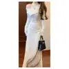 Novo vestido longo estilo chinês, um vestido base chique e elegante, é uma escolha popular neste outono, feito de poliéster