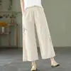 Calça reta de perna larga de algodão e linho bordada estilo étnico retrô para mulheres, cor sólida, cintura elástica, estilo solto, fina, para 100kg, para primavera e verão