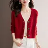 Cardigan de Tricô Retrô Japonês e Coreano para Primavera e Outono Jaqueta Gola V para Mulheres 2025 Peça Externa Jacquard Estilo Retrô Tricô Solto