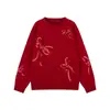 Blusas de Inverno 2025 Amybaby para Meninas Novo Estilo Laço Atmosférico Lantejoula Vermelho de Ano Novo Gola Redonda Suéter Pulôver