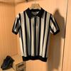 Polo masculino slim listrado britânico de manga curta, de malha de seda gelada de verão, manga curta, lapela casual juvenil, meia manga