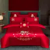 Juego de ropa de cama de lujo estilo chino, hecho de algodón 100% de fibra larga, un juego de cuatro piezas que incluye una sábana y una funda de edredón de algodón puro rojo, perfecto para la alcoba de una recién casada.