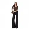 Pantalones casuales de sarga de algodón puro color verde oliva ligeramente elásticos retro de talle bajo minimalistas de cintura ancha acampanados pantalones negros Yichun
