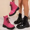 Botas Femininas Europeias e Americanas Transfronteiriças de Couro Patente com Cadarço e Solado Grosso Estilo Britânico Botas Martin Botas Curtas de Salto Grosso Femininas Versátil Novo Atacado Tamanho Grande