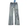 Jeans curvo estampado com padrão de raio retro lavado americano para homens, calça emagrecedora com vibe high street, jeans de perna reta flare