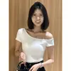 Atacado Transfronteiriço Verão Algodão Cor Sólida Ombro Assimétrico Curta Slim Fit Manga Curta Camiseta Feminina Pura Sexy Elegante Camisa Básica