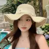 Sombrero de paja con borde de encaje y perlas en forma de onda y lazo para mujer, protector solar de verano, sombrero para el sol de vacaciones en la playa, ala ancha