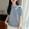 2026 Verano Nuevo Lyocell Tencel Bordado Floral Cuello Redondo Manga Corta Holgada Adelgazante Camiseta Versátil Tejido