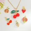 Venta directa del fabricante, al por mayor en stock, joyería de cobre dulce de 18 quilates con colgantes de frutas de fresa y cereza de esmalte de colores