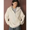 Suéter con capucha de diseño simple estilo coreano para invierno, cremallera diagonal, silueta holgada y cómoda para mujer