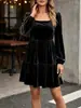 Amazon Transfronteiriço 2026 Outono Nova Roupa Feminina Europeia e Americana Estilo Retro Gentil Veludo Manga Longa Decote Quadrado Vestido Feminino