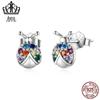 Aifule original moda brincos de tarraxa besouro colorido prata esterlina brincos s925 zircônia colorida inseto brincos requintados