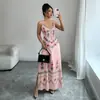 Amazon Cross-Border Roupas Femininas Estilo Boêmio Europeu e Americano Estampa Floral Decote V Vestido Longo Slim Fit Vestido com Fenda Lateral
