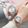 Relojes de Moda Longbo para Hombre y Mujer con Incrustaciones de Diamantes para Comercio Exterior, Relojes de Pareja de Venta Caliente Transfronteriza, Relojes de Cuarzo con Correa de Acero Impermeables Luminosos