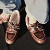 Versión de Piel de Vaca ~ Nuevos Mocasines con Cordones, Color Retro Pulido, Forro de Lana Desgastada, Suela Plana, Suaves y Aptos para Caminar