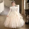 Vestido de Malla con Bordado Pesado para Niñas, Invierno Otoño, Tejido de Punto, Manga Larga, para Actuación de Piano, Banquete, Princesa