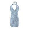 Vestido de Malla Tie-Dye con Cuello Halter en V y Cintura Ceñida Estilo Puro Deseo Retro Francés de Lunares para Mujer, Falda Corta Bodycon para Verano