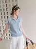 Camisa Polo de Malha de Seda de Gelo Listrada Estilo Coreano Manga Curta Feminina Verão Petite Gola Curta Manga Curta Top 8234