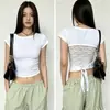 Camiseta corta de manga corta para mujer, estilo coreano y japonés, sencilla, fresca, dulce, moderna, casual, con detalles de cordones, color liso, cuello redondo