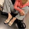 Sandalias Cuadradas Abiertas de una Sola Tira Estilo Bao, Modelo Verano 2025, Completamente de Piel por Dentro y por Fuera, Tacón Kitten, Elásticas, Zapatos de Mujer Estilo Coreano, Modelo Nuevo