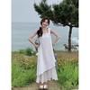2025 Novo Estilo Elegante Lindo Colete Vestido Longo Branco Bainha Irregular Ponto de Rede Sem Mangas Vestido Feminino Verão