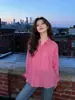 Camisa de Linho Rosa Minimalista com Lapela e Botões para Mulheres, Estilo Vintage Workwear, Caimento Solto, Emagrecedora, Top Casual