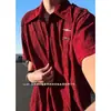 Camisa Masculina de Seda Gelo Texturizada Cor Vinho, Manga Curta, Leve, Respirável, Secagem Rápida para o Verão, Nova Blusa de Manga Meia-Manga Estilo Chinês
