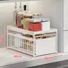Gabinete de lavatório interior banheiro ralo pia organizador de prateleira de armazenamento retrátil banheiro sabão de lavar roupa cesta retrátil multifuncional
