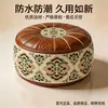 Banqueta de Armazenamento de Couro Estampada com Padrão Étnico Retro em Espiral Assento Redondo Doméstico Banqueta de Armazenamento Casual para Sala de Estar Quarto