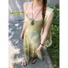 Vestido de Alças Espaguete com Gradiente Estilo Chinês para Mulheres, Vestido de Tule de Praia Verde Verão Estilo Chinês Novo Acinturado, Vestido Longo para Férias à Beira-Mar