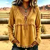 2026 Verano Nuevo Estilo Europeo y Americano Holgado Cuello en V con Flecos Manga Larga Camiseta Color Sólido Top Casual Transfronterizo Camisa para Mujer