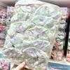 Diadema de tela con estampado floral pequeño, scrunchie morado de encaje con lazo y ribete de encaje, estilo fresco y moderno, para niñas