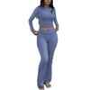 Comercio exterior ocio ejercicio mujer conjunto de dos piezas cuello redondo manga larga cintura baja pantalones acampanados traje deportivo venta al por mayor conjunto de dos piezas